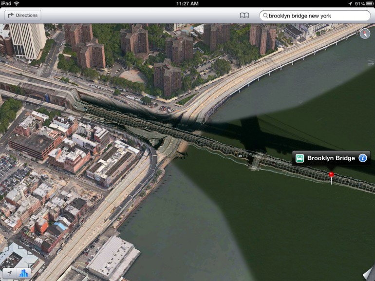 New Yorkers face a bupy ride on the Brooklyn Bridge according to Apple's maps app New Yorkers face a bupy ride on the Brooklyn Bridge according to Apple's maps app
