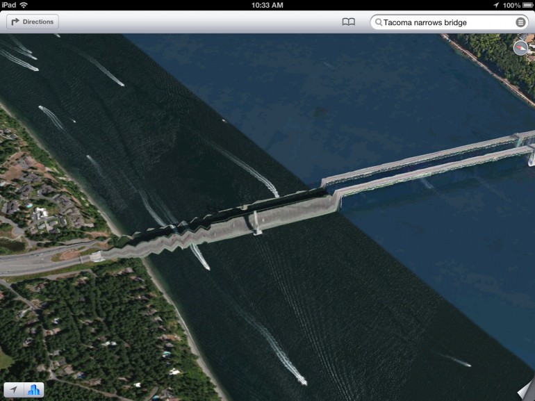 Tacoma Narrows Bridge in Washington State as it appears in Apple's maps app Tacoma Narrows Bridge in Washington State as it appears in Apple's maps app