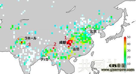 根据温室气体观测卫星“息吹”观测数据绘制的亚洲地区人为源甲烷的浓度分布图。图片由日本国立环境研究所等提供。(共同社)