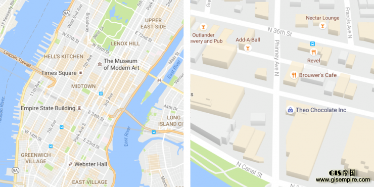 谷歌地图改版很小清新,标识出了“世界热闹商圈”